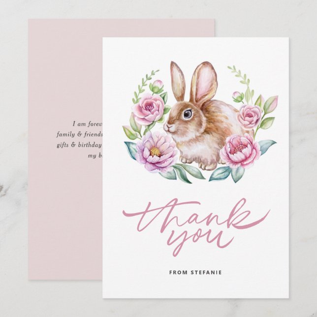 Cute Watecolor Bunny and Pink Flowers Wreath Thank You Card (Front/Back)