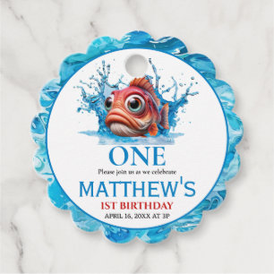 Cute Water Blue Fish 1st Birthday Favour Tags
