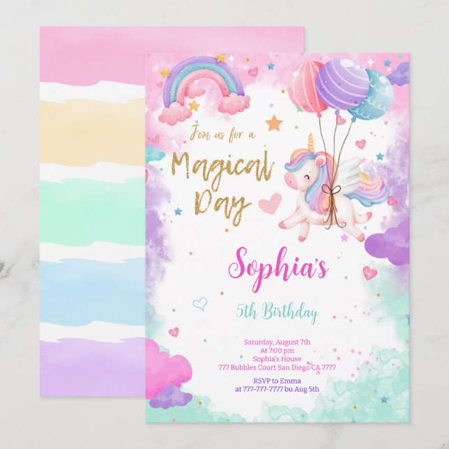 Cute Water Colour Unicorn Birthday Invitation (Front/Back)