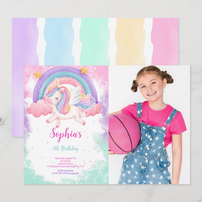 Cute Water Colour Unicorn Photo Invitation (Front/Back)