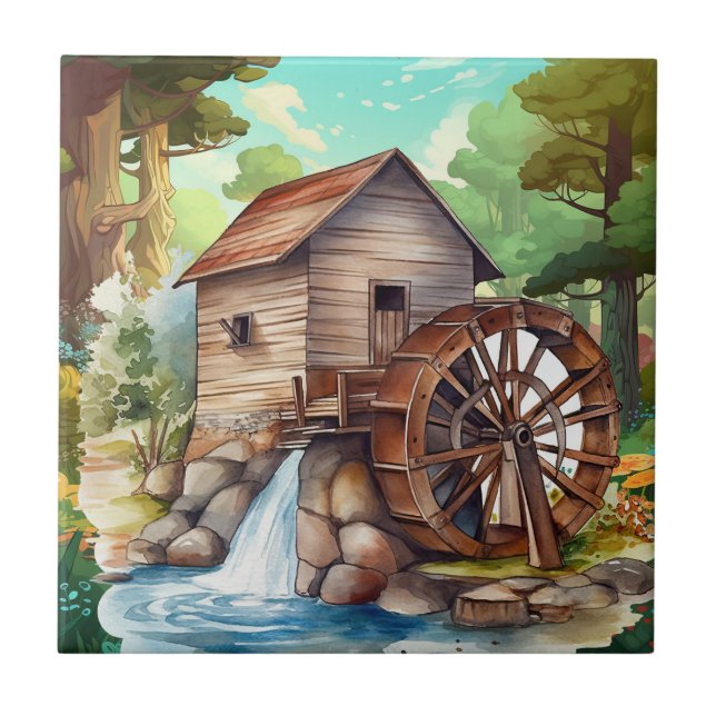 cute water wheel Country  Tile (Front)