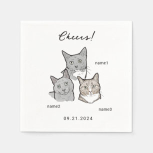 Cute Watercolor 3 Cats Cheers Wedding Cocktail  Napkin