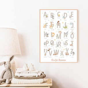 Cute Watercolor ABC Animal Alphabet Nursery  Poster