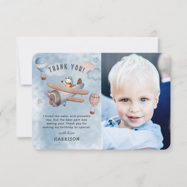 Cute Watercolor Aeroplane Aviation Boy Birthday Thank You Card (Front)