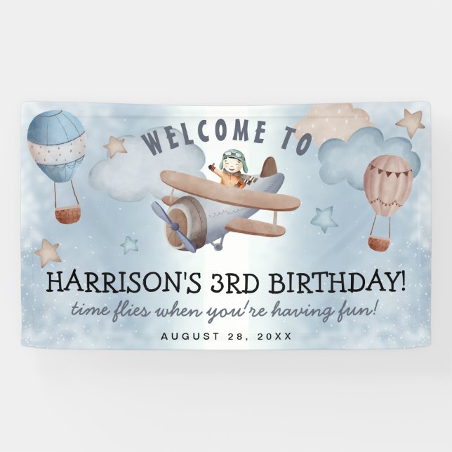 Cute Watercolor Aeroplane Boy Birthday Party Banner (Horizontal)