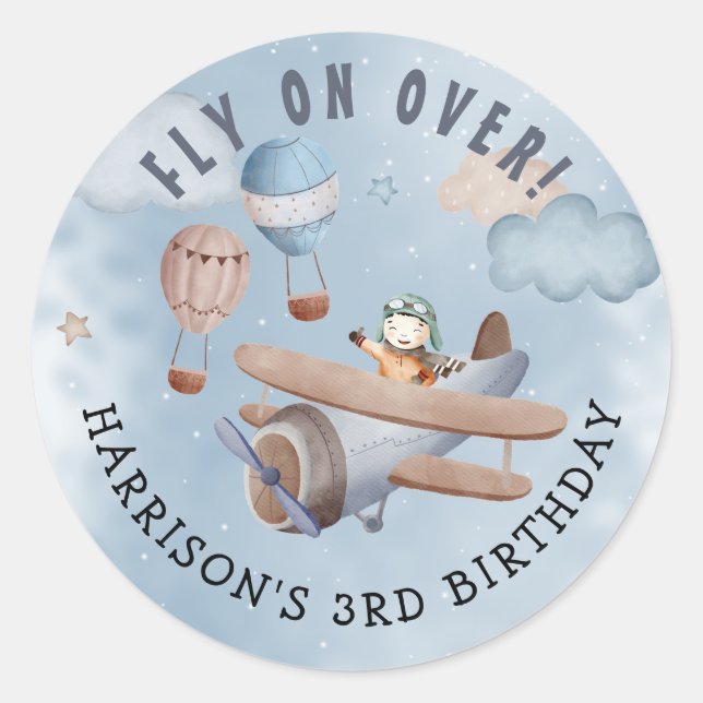 Cute Watercolor Aeroplane Boy Birthday Party Classic Round Sticker (Front)