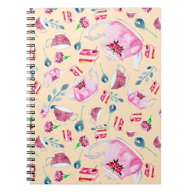 Cute Watercolor Afternoon Tea Party Florals Teapot Notebook (Front)