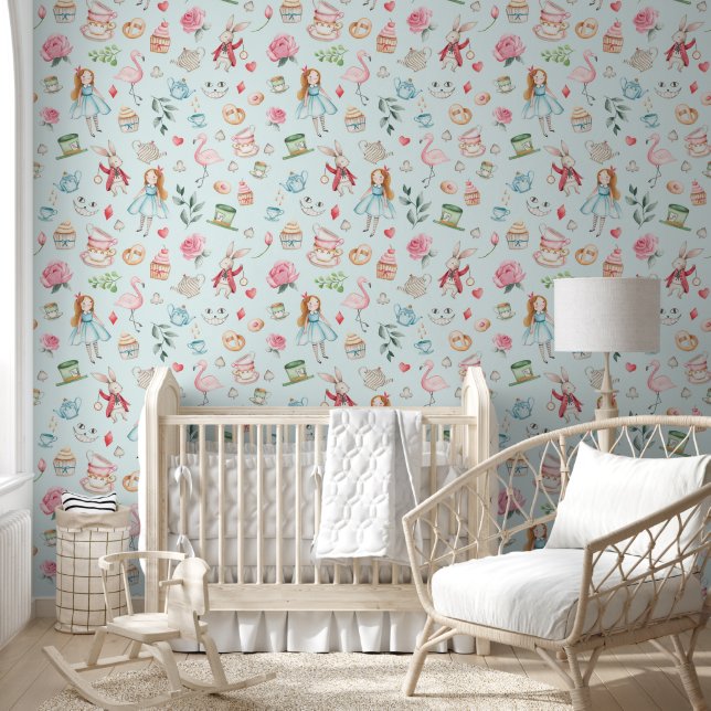 Cute Watercolor Alice in Wonderland Aqua Nursery Wallpaper (Kids)