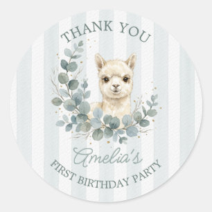 Cute Watercolor Alpaca Birthday Eucalyptus Classic Round Sticker