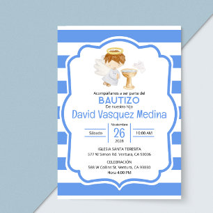 Cute Watercolor Angel Boy Baptism in Spanish Invitation