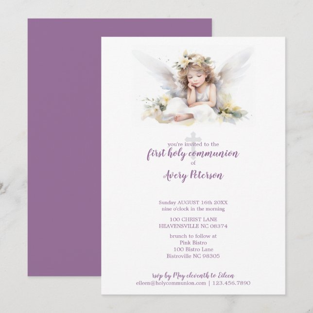 Cute Watercolor Angel Cross First Holy Communion Invitation (Front/Back)