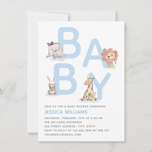 Cute Watercolor Animal Blue Boy Baby Shower Invitation (Front)