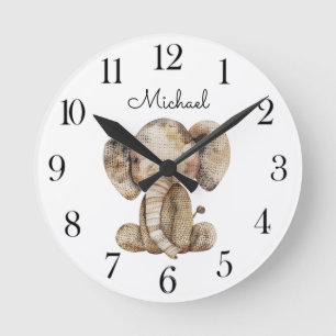 Cute Watercolor Animal Elephant  Nursery  Round Clock