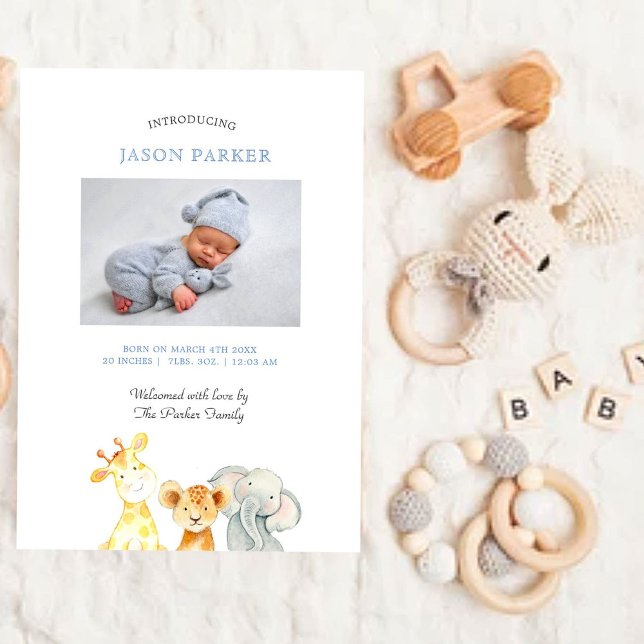 Cute watercolor animals Baby Boy Photo birth  Announcement (Creator Uploaded)