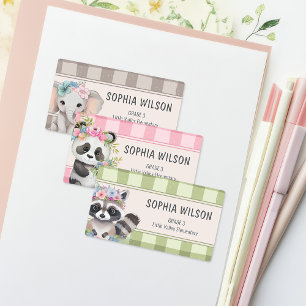 Cute Watercolor Animals Floral Gingham Name