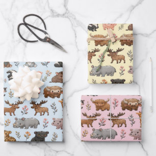Cute Watercolor Animals Wrapping Paper Set of 3