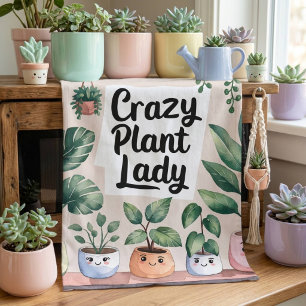 Cute Watercolor Animated Houseplant Tea Towel