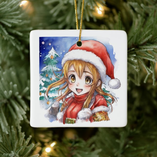 Cute Watercolor Anime Girl Christmas Personalised Ceramic Ornament (Tree)