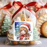 Cute Watercolor Anime Girl Christmas Square Sticker<br><div class="desc">Cute watercolor anime girl in a Santa hat in front of a Christmas tree stickers.</div>