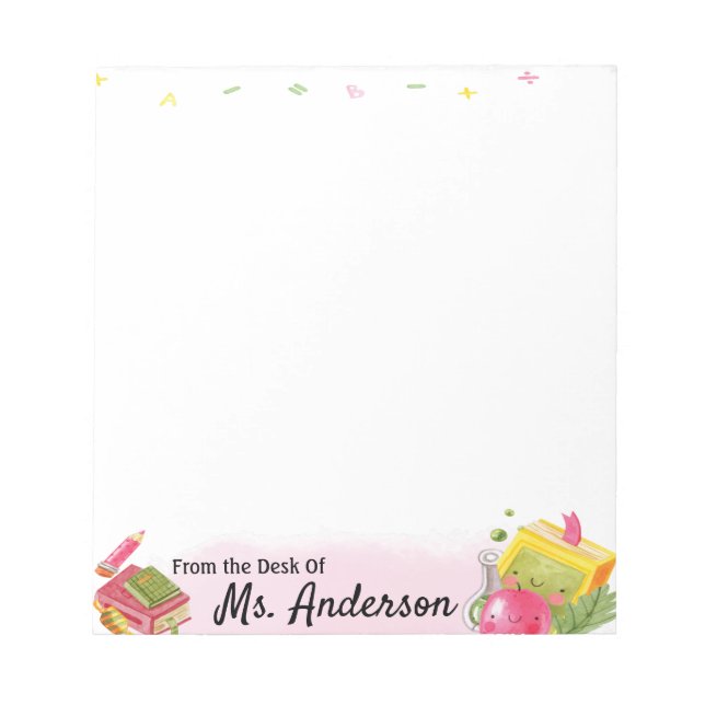 Cute Watercolor Apple Teacher Name School Class Notepad (Front)
