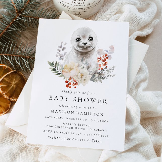 Cute Watercolor Arctic Seal Winter Baby Shower Invitation (Creator Uploaded)