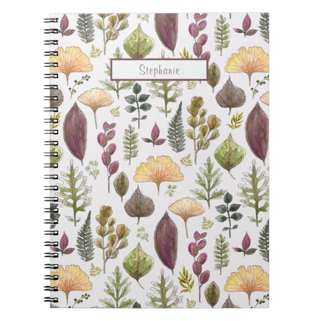 Cute Watercolor Autumn Leaves Custom Name Notebook (Front)