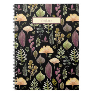 Cute Watercolor Autumn Leaves Custom Name Notebook