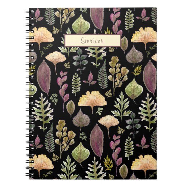 Cute Watercolor Autumn Leaves Custom Name Notebook (Front)