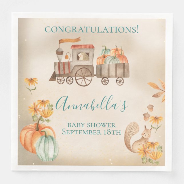 Cute Watercolor Autumn Train Baby Shower Napkin (Front)