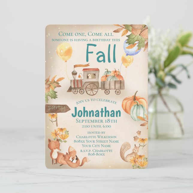 Cute Watercolor Autumn Train Invitation (Standing Front)