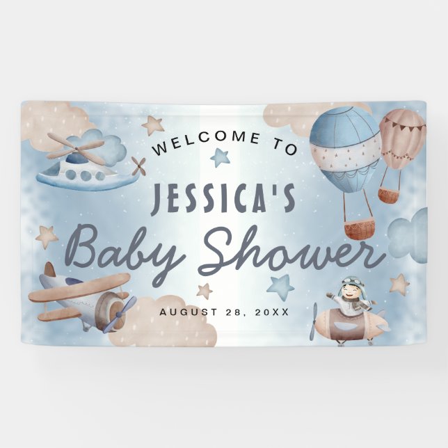 Cute Watercolor Aviation Blue Boy Baby Shower  Banner (Horizontal)