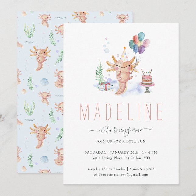Cute Watercolor Axolotl Birthday Party Invitation (Front/Back)