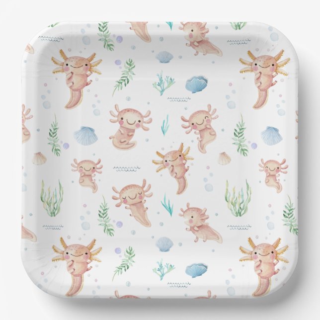 Cute Watercolor Axolotl Birthday Party  Paper Plat Plate (Front)