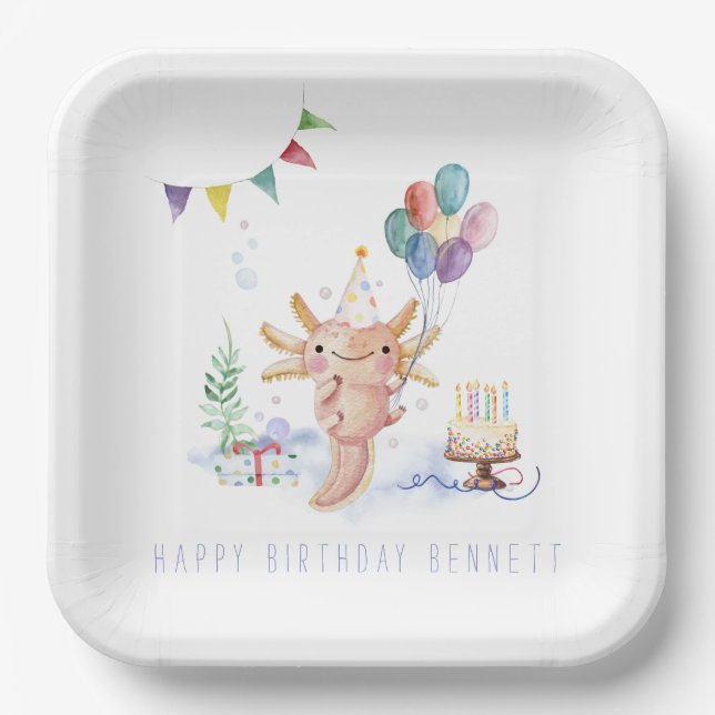 Cute Watercolor Axolotl Birthday Party  Paper Plate (Front)