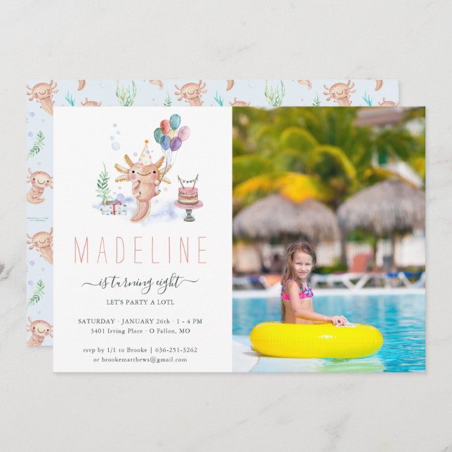 Cute Watercolor Axolotl Birthday Party Photo Invit Invitation (Front/Back)