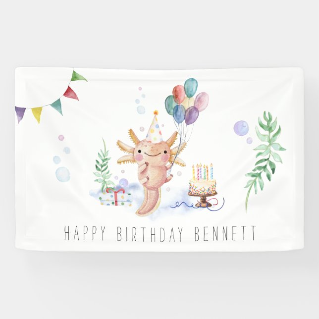 Cute Watercolor Axolotl Birthday Party Welcome Banner (Horizontal)
