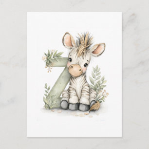 Cute Watercolor Baby Animals Alphabet Zebra Postcard