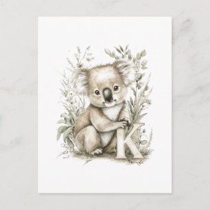 Cute Watercolor Baby Animals with Alphabet Koala Postcard