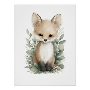 Cute Watercolor Baby Animals with Flowers Poster