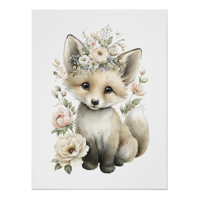 Cute Watercolor Baby Animals with Flowers Poster (Front)
