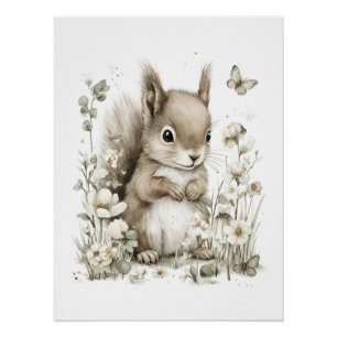 Cute Watercolor Baby Animals with Flowers Poster