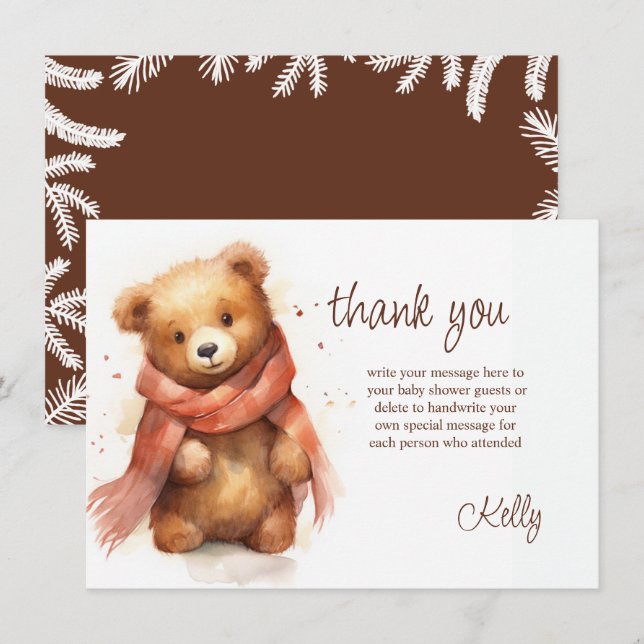 Cute Watercolor Baby Bear Baby Shower Thank You Card (Front/Back)