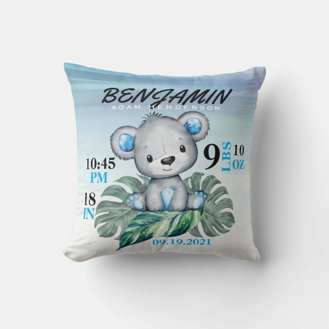 Cute Watercolor Baby Bear Birth Stats Cushion (Front)
