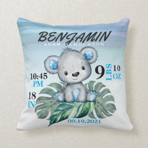 Cute Watercolor Baby Bear Birth Stats Cushion