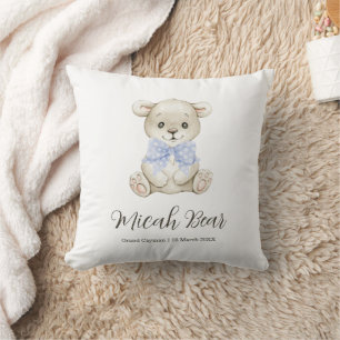 Cute Watercolor Baby Bear Blue Bow Newborn Gift Cushion