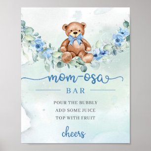 Cute watercolor baby bear blue flowers Mum-osa bar Poster