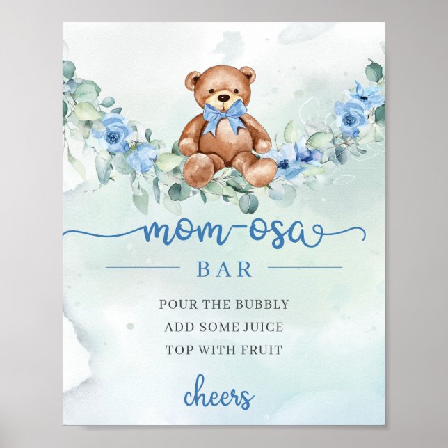 Cute watercolor baby bear blue flowers Mum-osa bar Poster (Front)