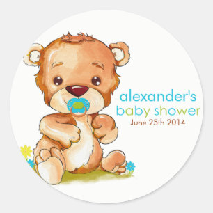 Cute Watercolor Baby Bear Boy Baby Shower Classic Round Sticker
