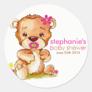 Cute Watercolor Baby Bear Girl Baby Shower Classic Round Sticker