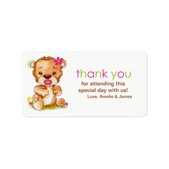 Cute Watercolor Baby Bear Girl Thank You Address Label